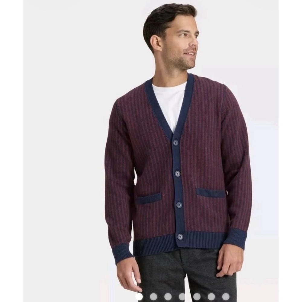 Goodfellow & Co Grandpa Core Cardigan Sweater Men's L NWT Rib Knit Navy Red